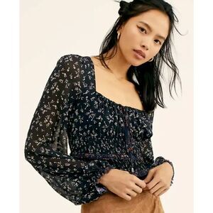 EUC Free People Lolita Floral Peasant Top Black Long Sleeve Boho Blouse Sz Small